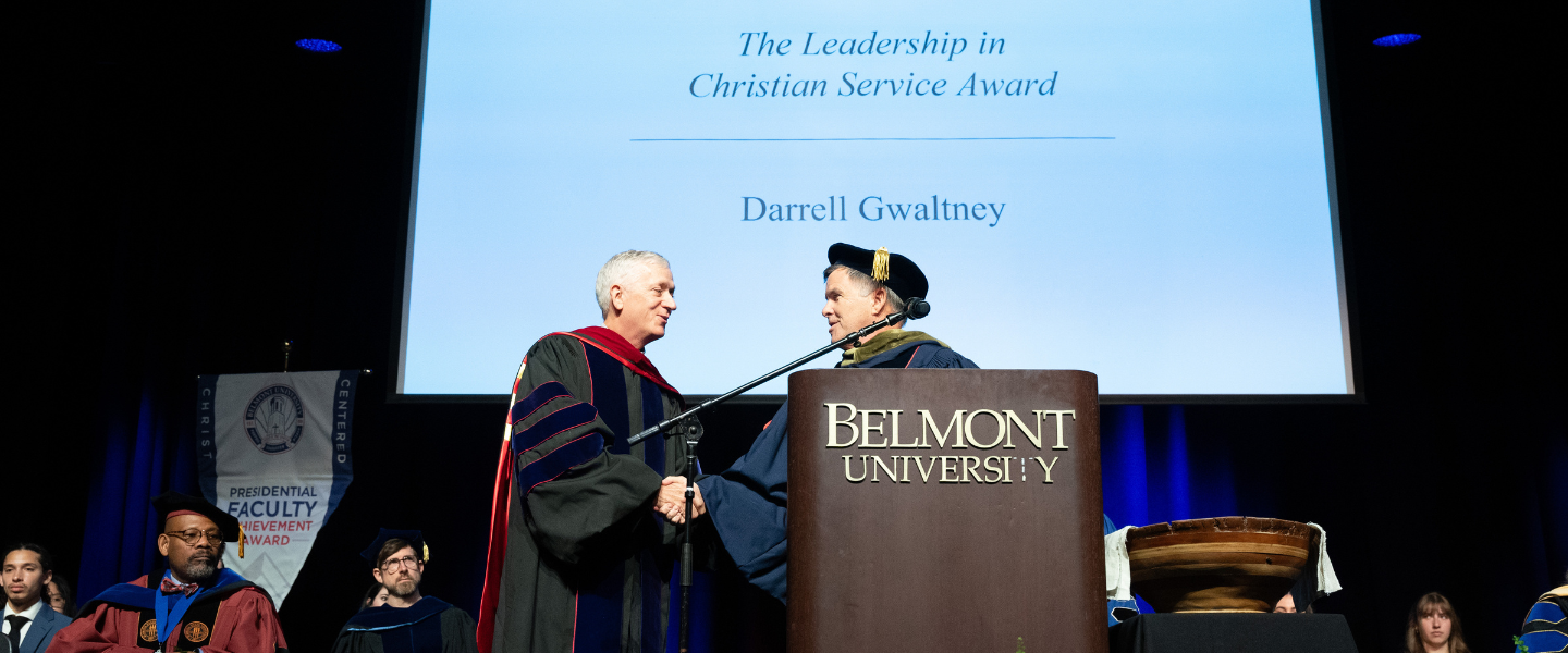 Provost David Gregory awards Dr. Darrell Gwaltney with the Leadership in Christian Service Award