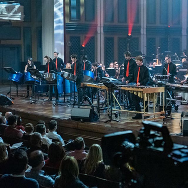 Music students performing on the Fisher Center stage during the 2023 President's Concert