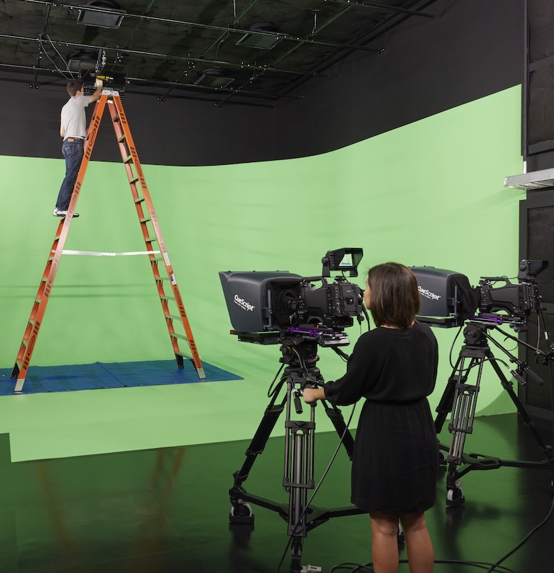A student working in a TV studio