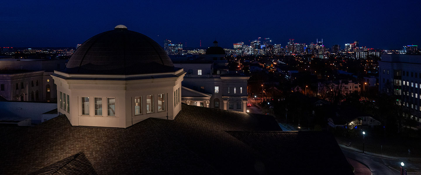 The dome of the Baskin Center with Nashville Skyline in the distance