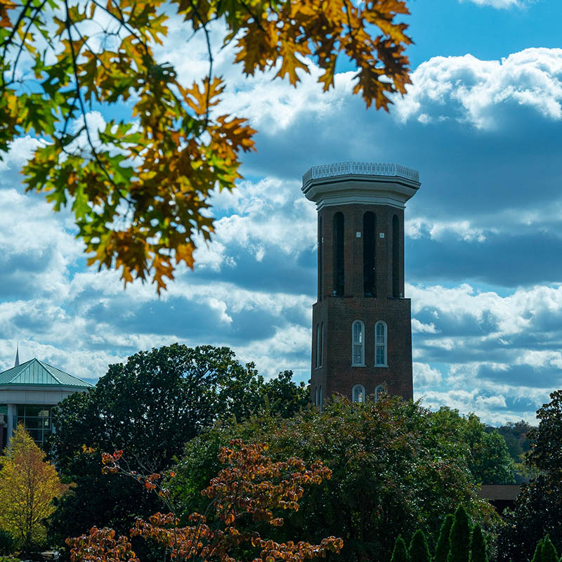 The Bell Tower on a cloudy day though the orange leaves of a tree