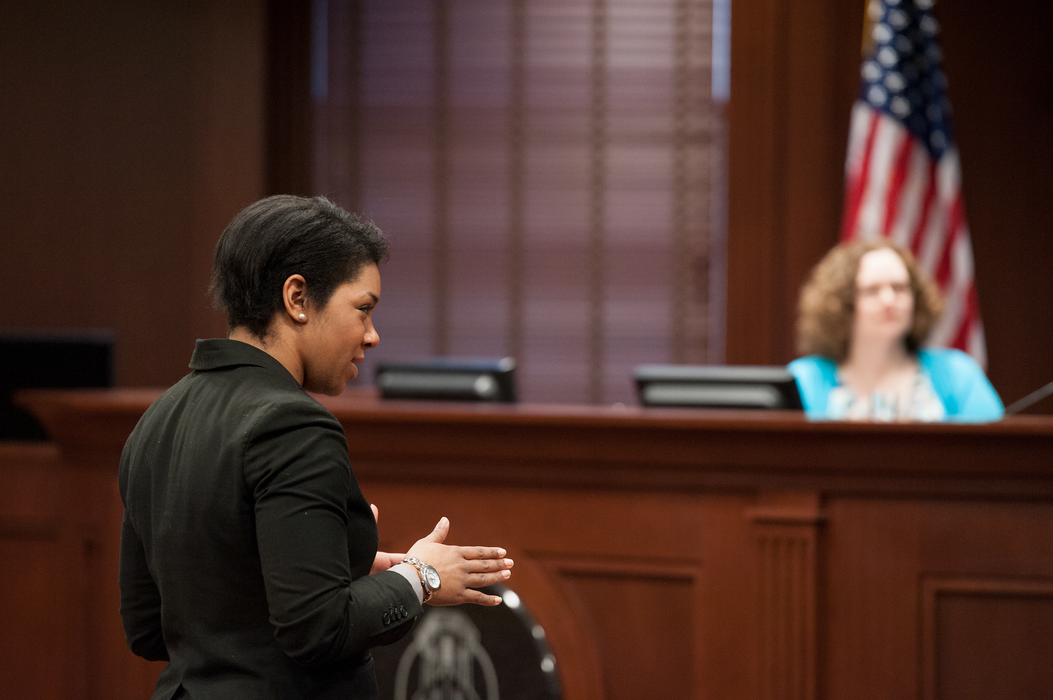 A student argues her case in Mock Trial