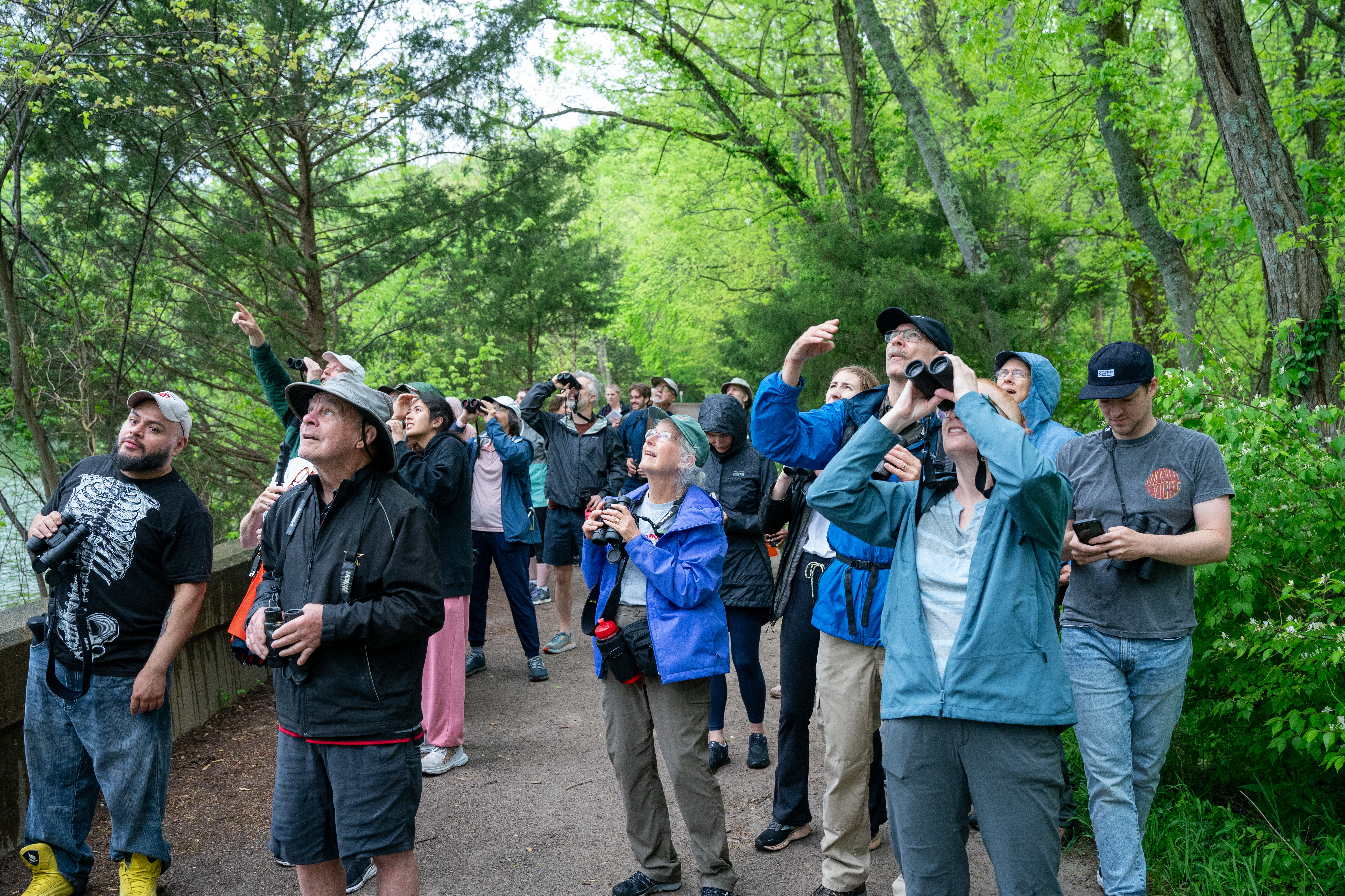 Students and community members birding together at Radnor Lake