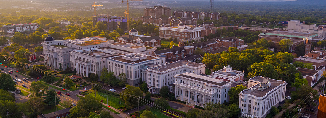Aerial photo of Belmont's north campus at sunrise