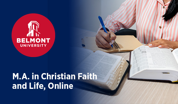 smiling professional woman at a table and the text 'Your path to strategic influence' and the belmont logo in ared circle