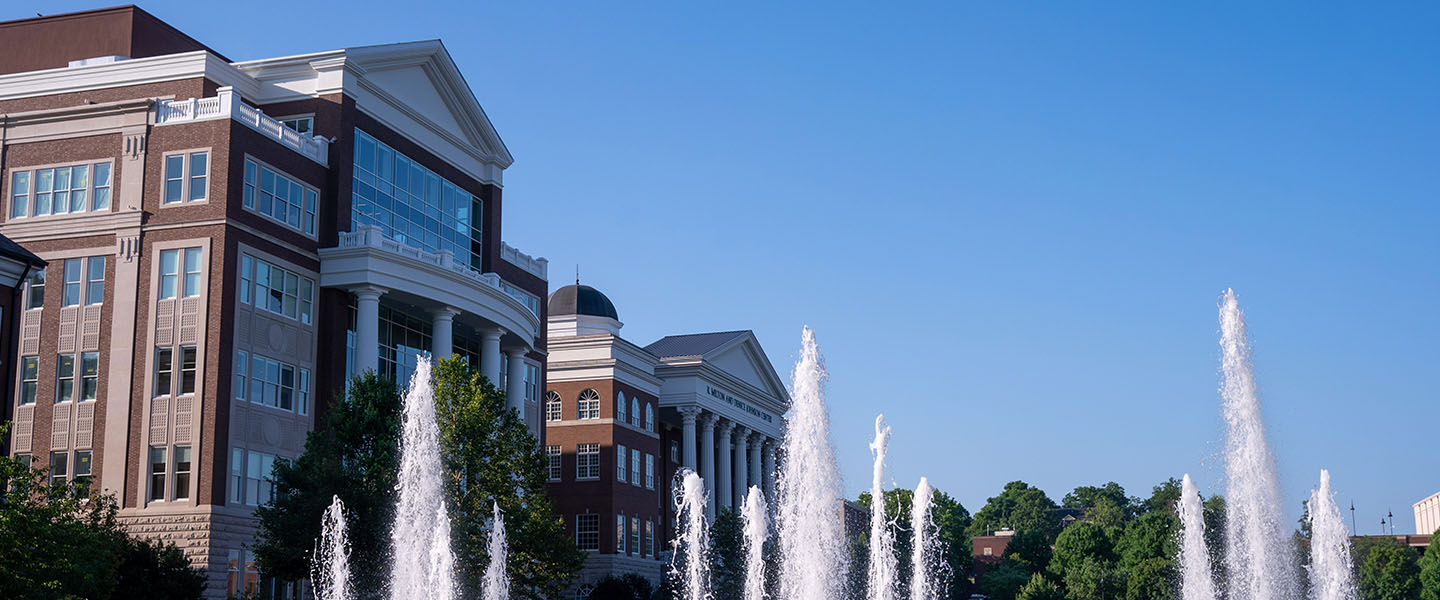 Freedom Plaza Fountain with the Jack C Massey Center and the Johnson Center in the background