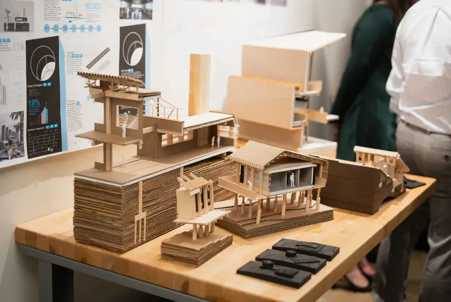 A man and woman examine a detailed architectural model of a house.