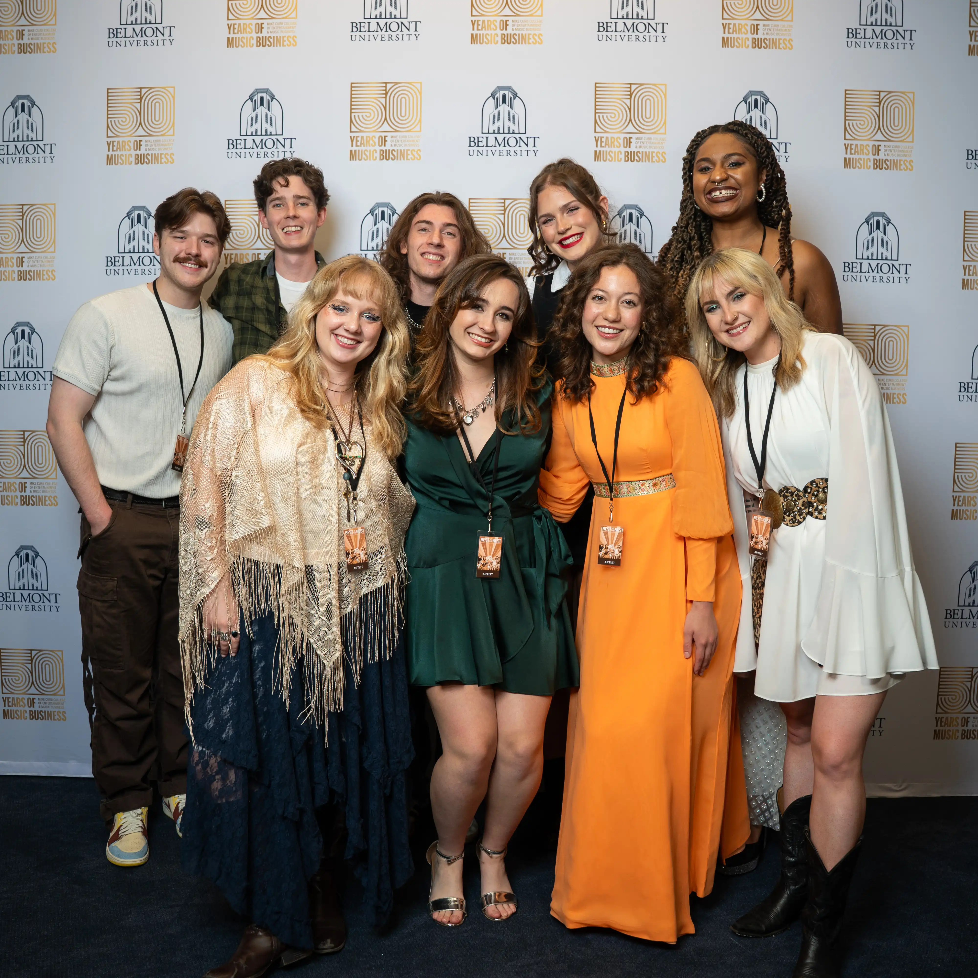 Students celebrate together at Belmont's 50 Years of Music Business event, reflecting the close-knit community, industry connections and collaborative culture of the Mike Curb College of Entertainment & Music Business.