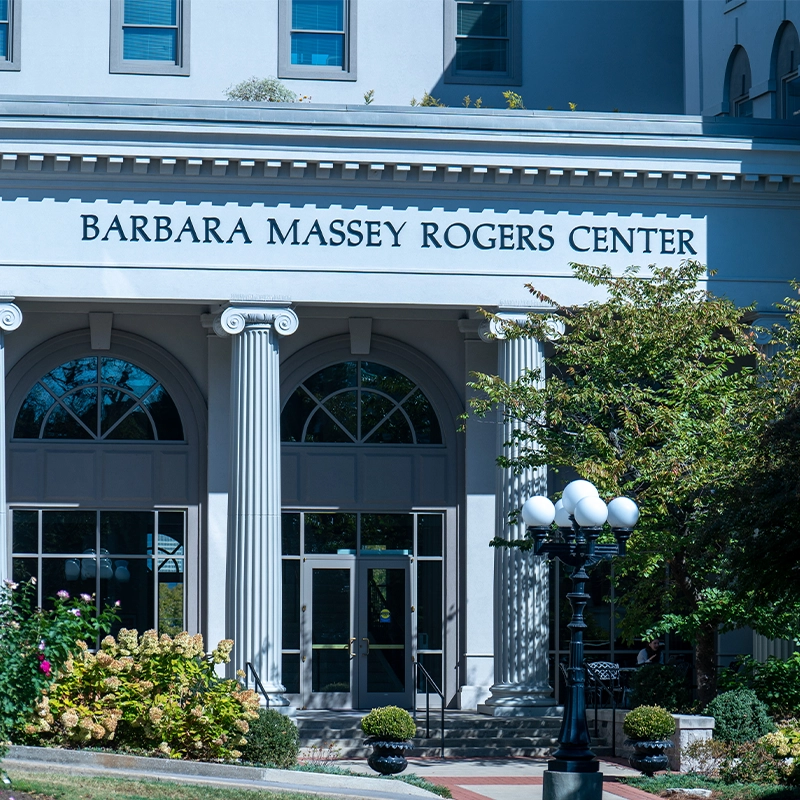 An image of the entrance of the Barbara Massey Rogers building