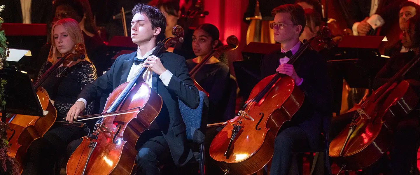 A group of musicians in formal attire performing in an orchestra, with a focus on two cellists. One cellist is deeply engrossed in playing, while a female musician is seated nearby, looking on attentively.