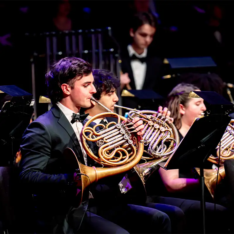 A group of musicians in formal attire playing French horns in an orchestra. The focus is on a male musician in a tuxedo, deeply engaged in his performance, with other musicians visible in the background.