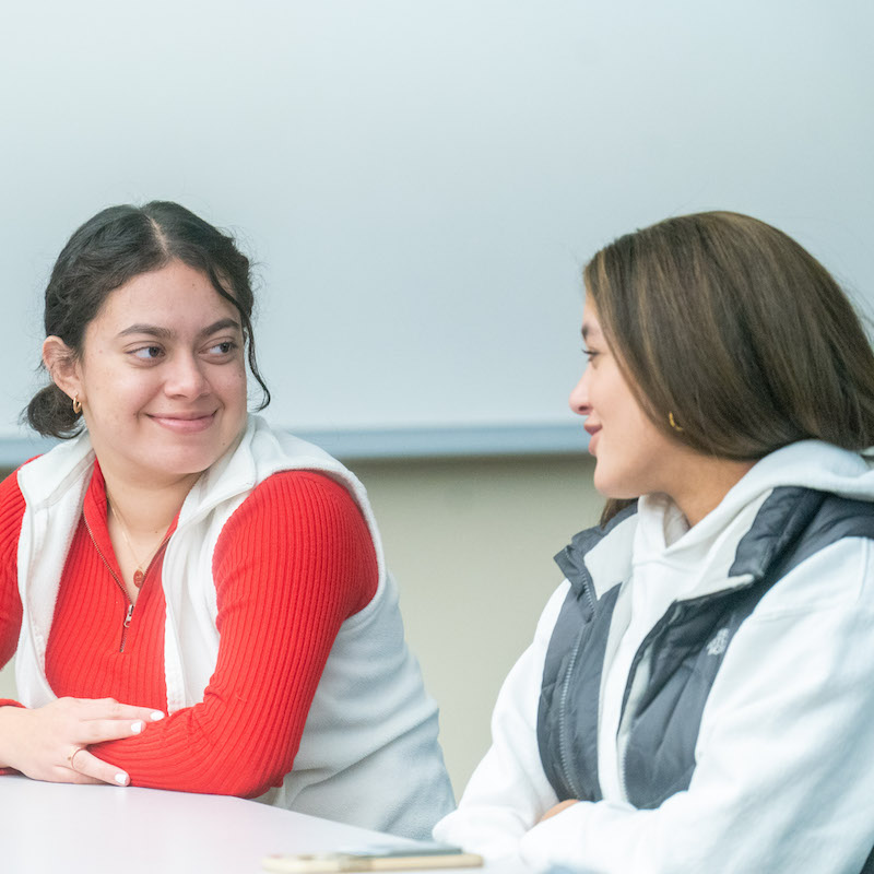 Two students having discussion during class in class room