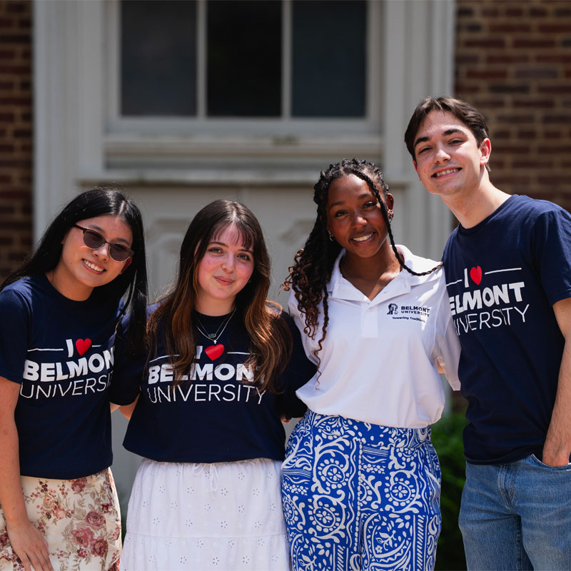 A a group of Belmont students with Belmont shirts 