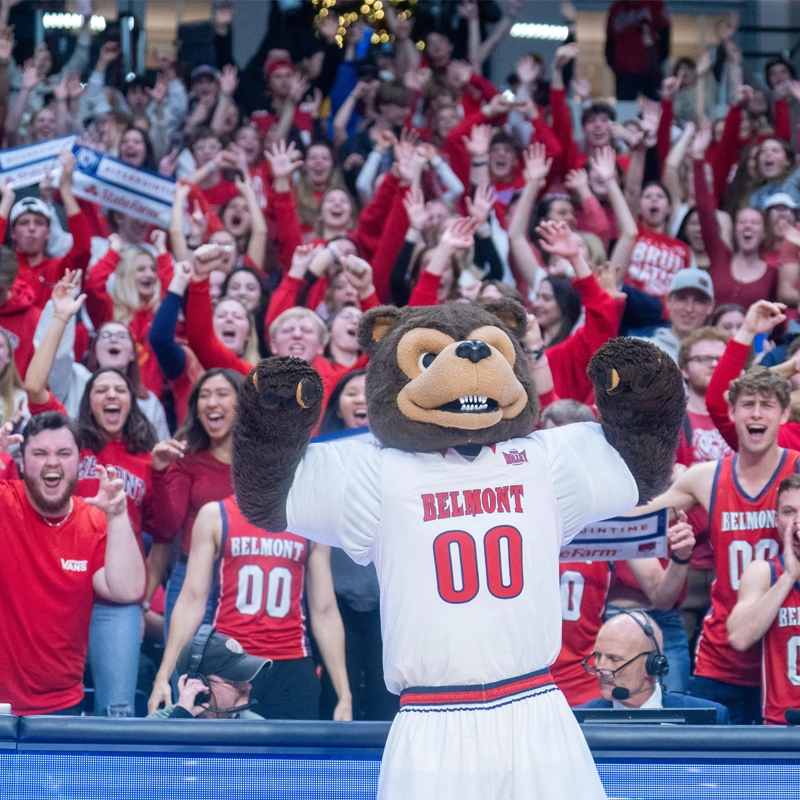 Bear mascot in a Belmont basketball uniform pumps its fists in front of a cheering crowd in red at an indoor arena.