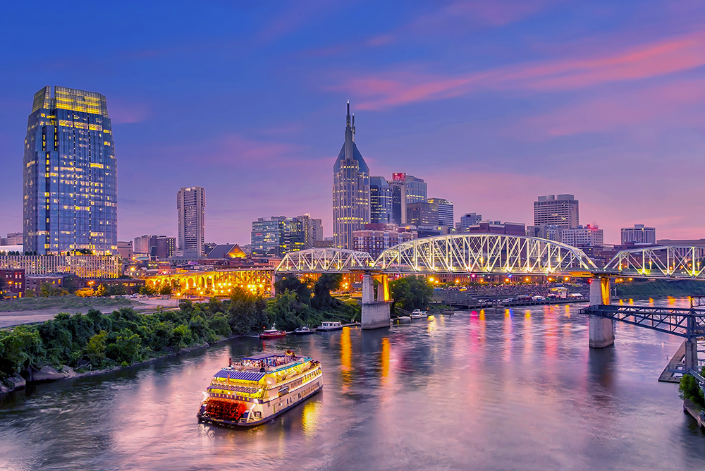 View of Nashville skyline at night from across the Cumberland River