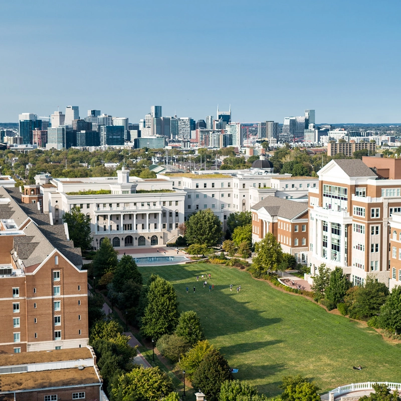 image of Belmont University main lawn with downtown Nashville in the background