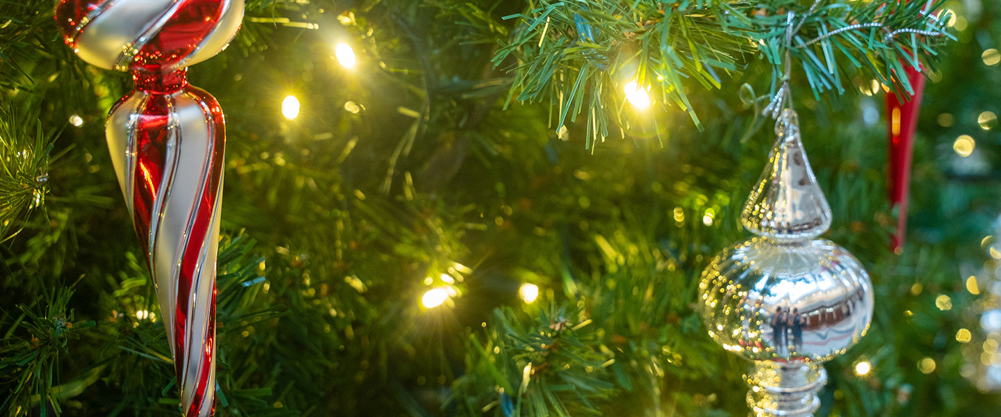 Close up of a Christmas tree with ornaments