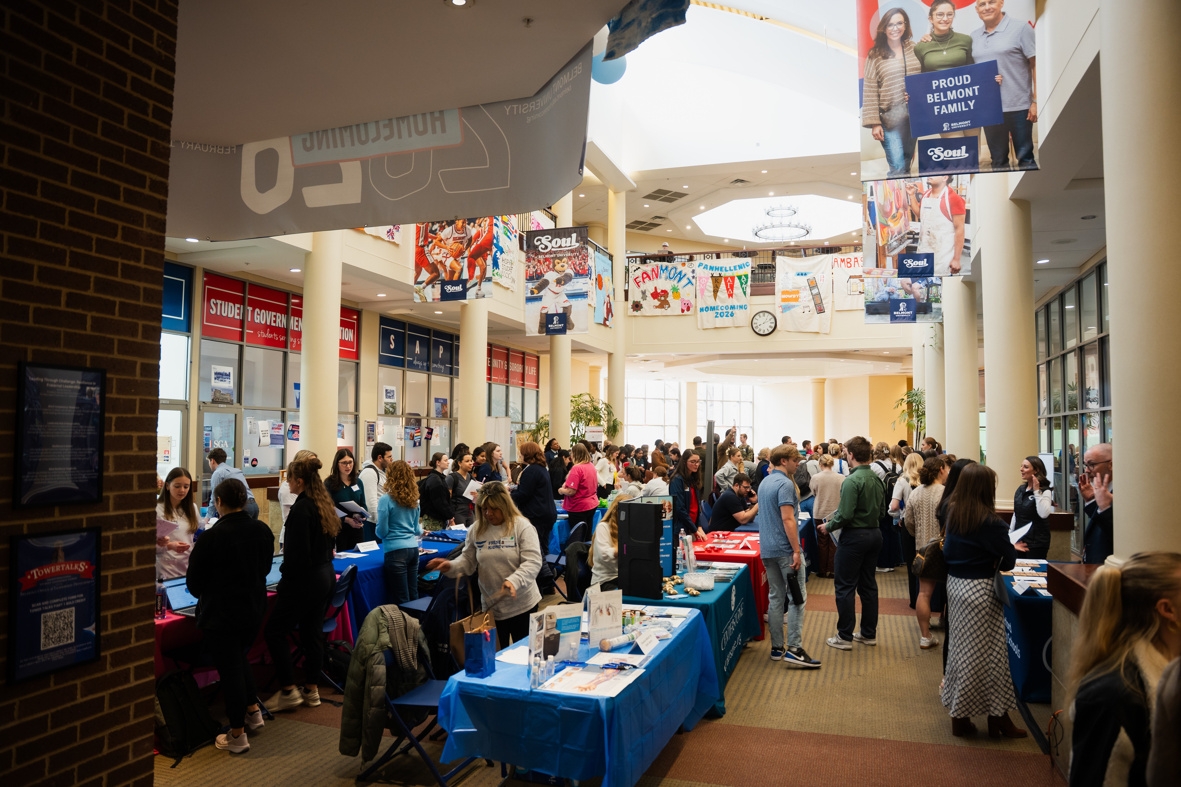 A wide shot of a career fair taking place in the Beaman Student Life Center