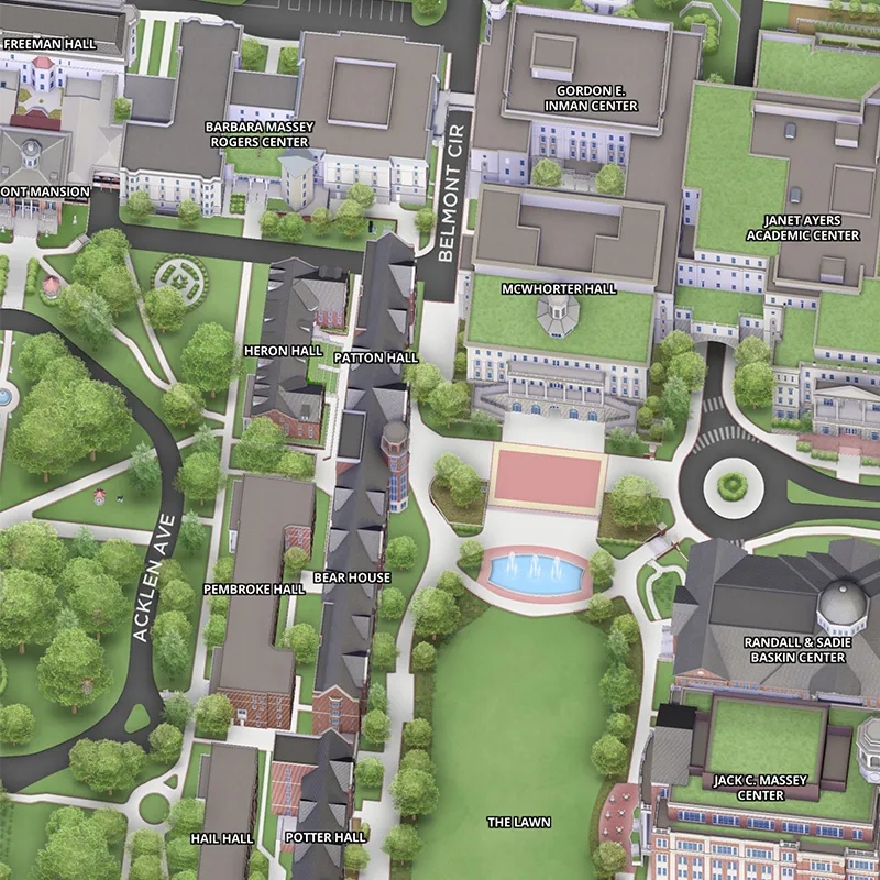 A detailed screenshot of Belmont University's campus map, showcasing various buildings like McWhorter Hall, Patton Hall, and the Jack C. Massey Center, with pathways and green spaces clearly labeled