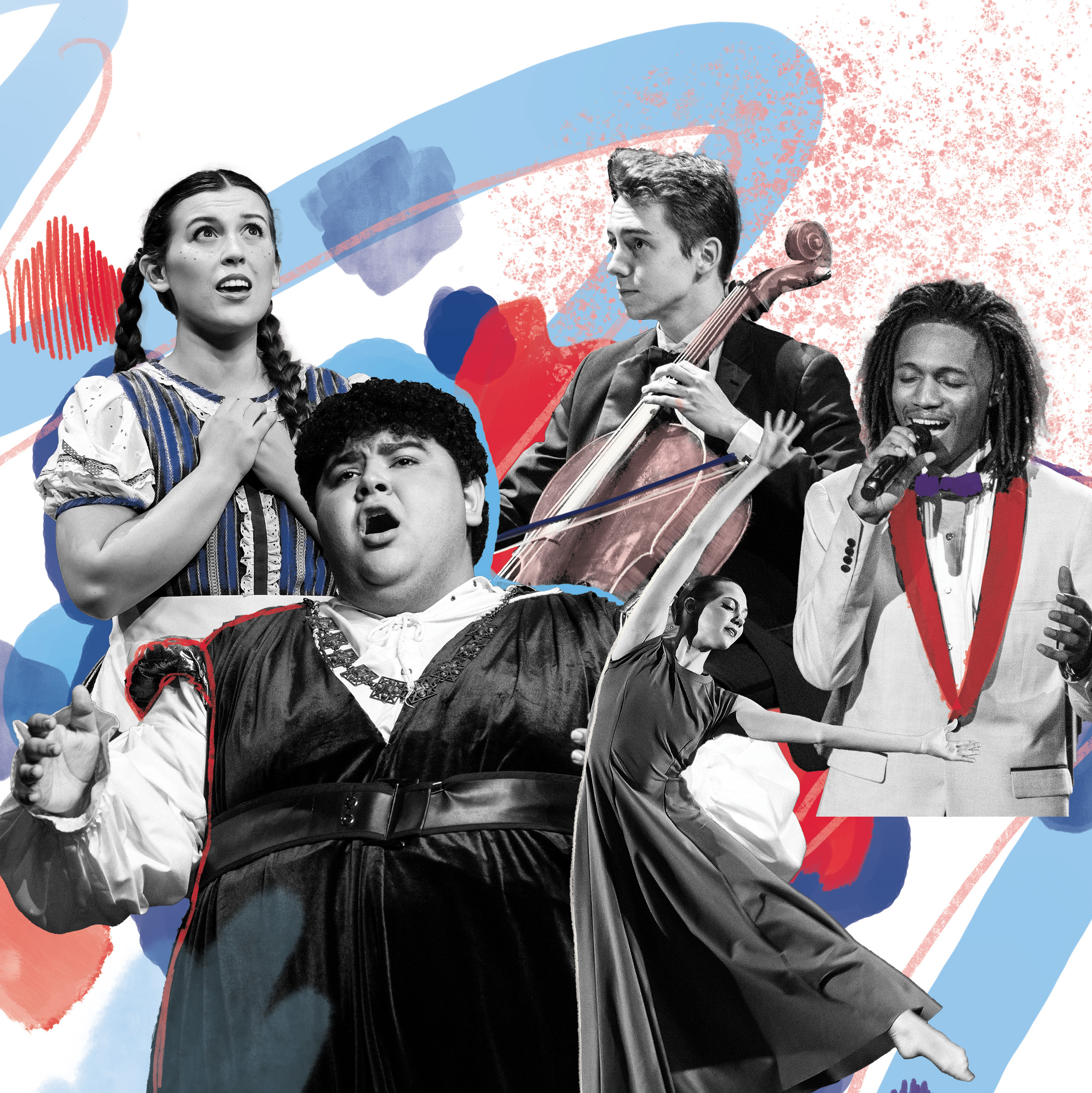 Collage of students performing—singing, dancing, acting, and playing cello—set against a vibrant red and blue abstract background.