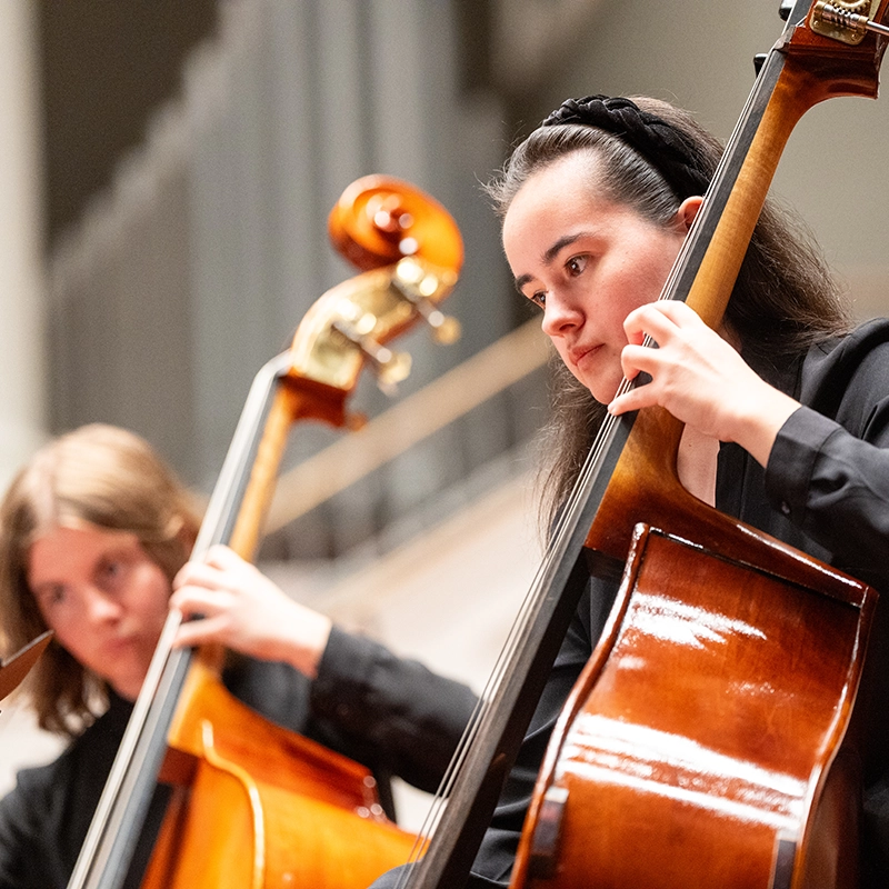 Two musicians play string instruments on stage, focusing on their performances. One plays the cello while the other plays the double bass.