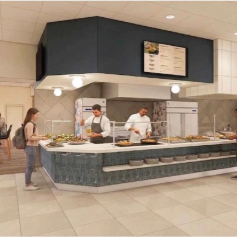 Modern cafeteria food line where chefs serve meals to a student, featuring a digital menu board.