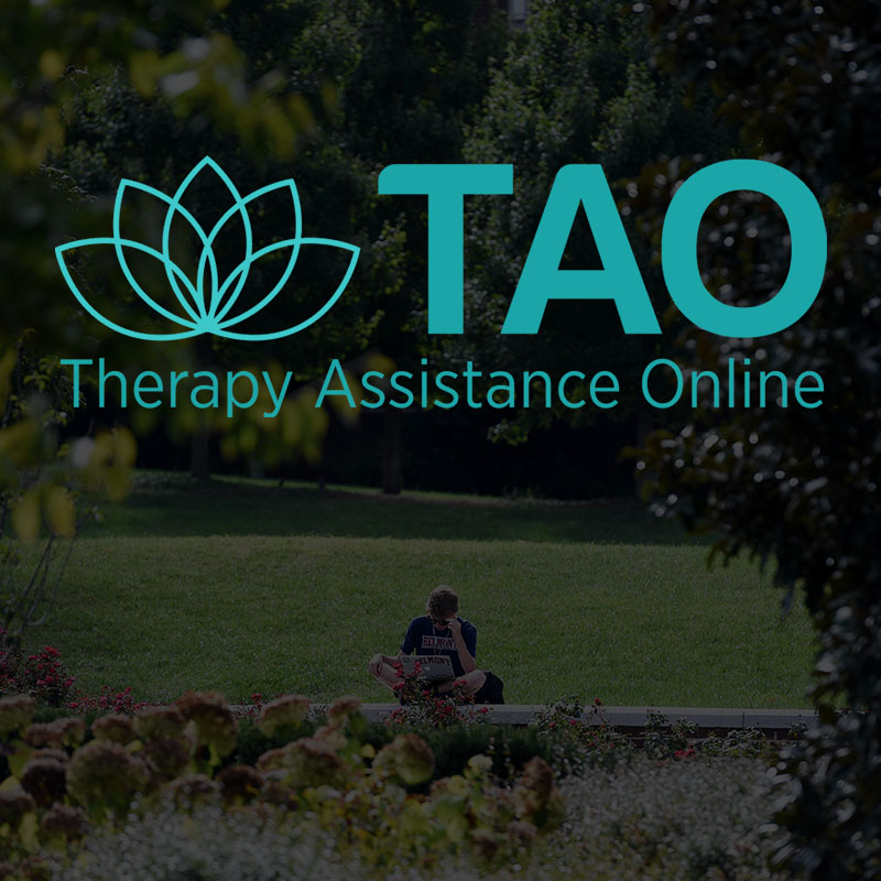 A student studying in the distance with the TAO Therapy Assistance Online logo