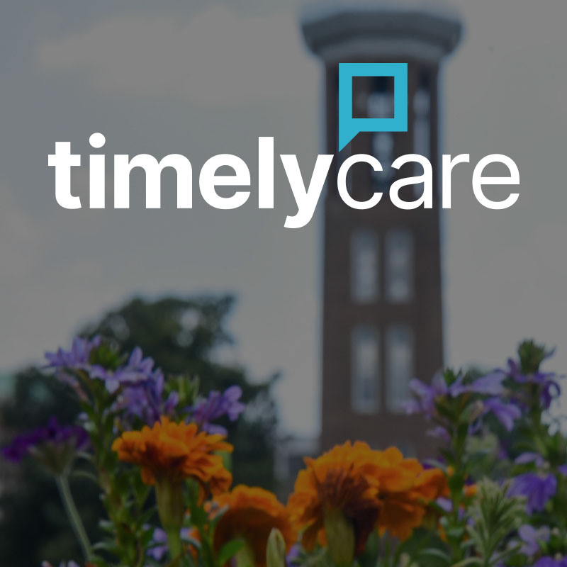 A photo of flowers and the bell tower with the TimelyCare logo