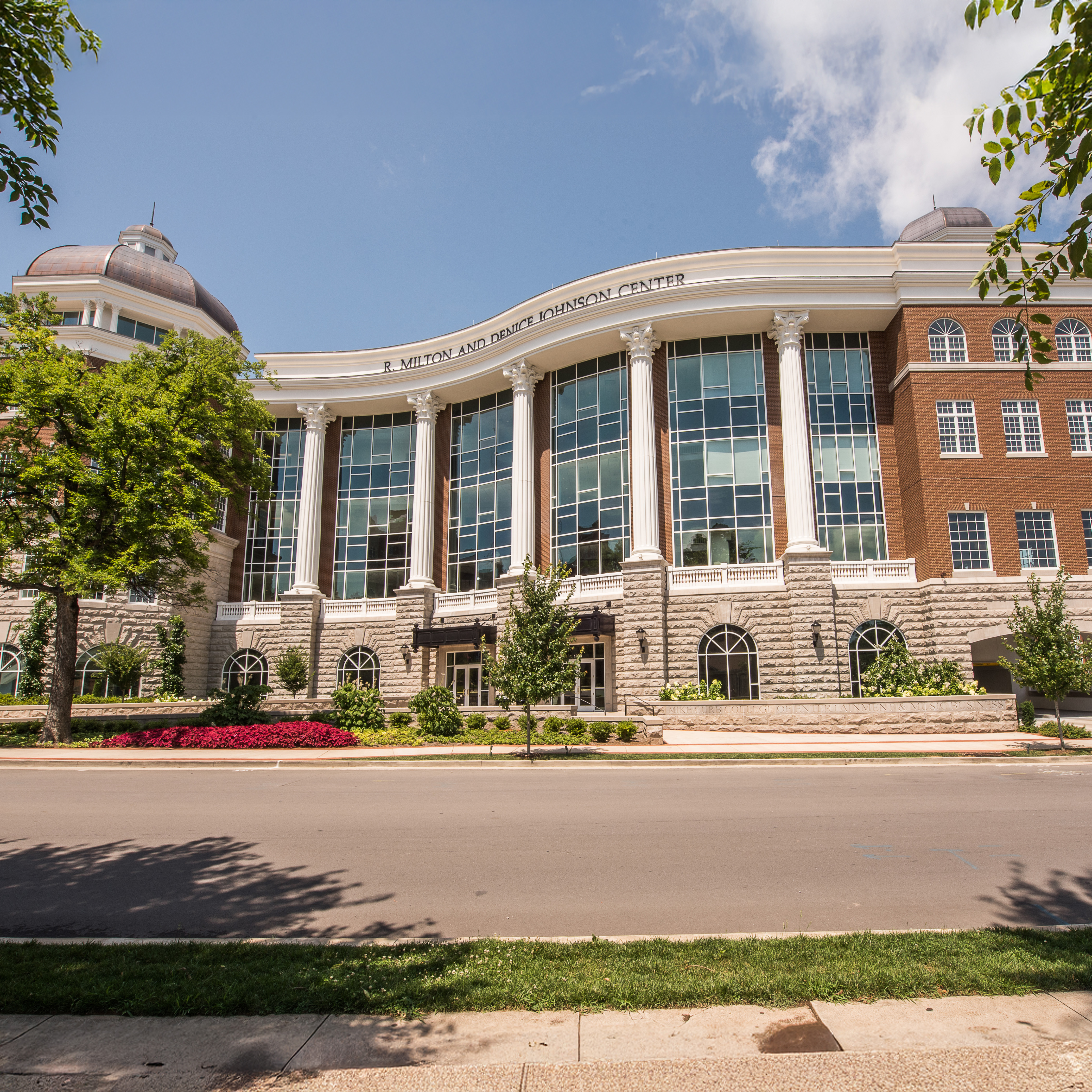 The outside of the Johnson Center on a sunny day