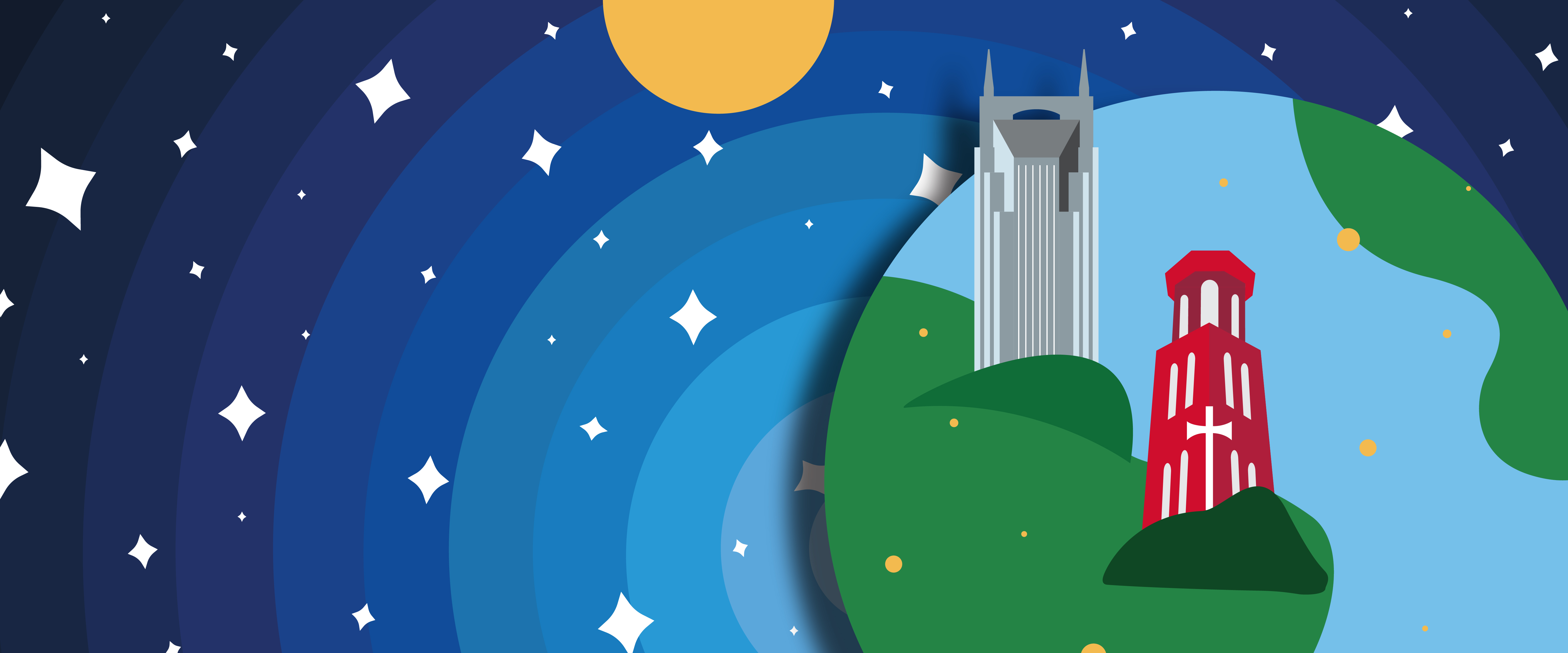 And illustration the planet earth with a Belmont University's Bell Tower and the Nashville AT&T tower on it's surface