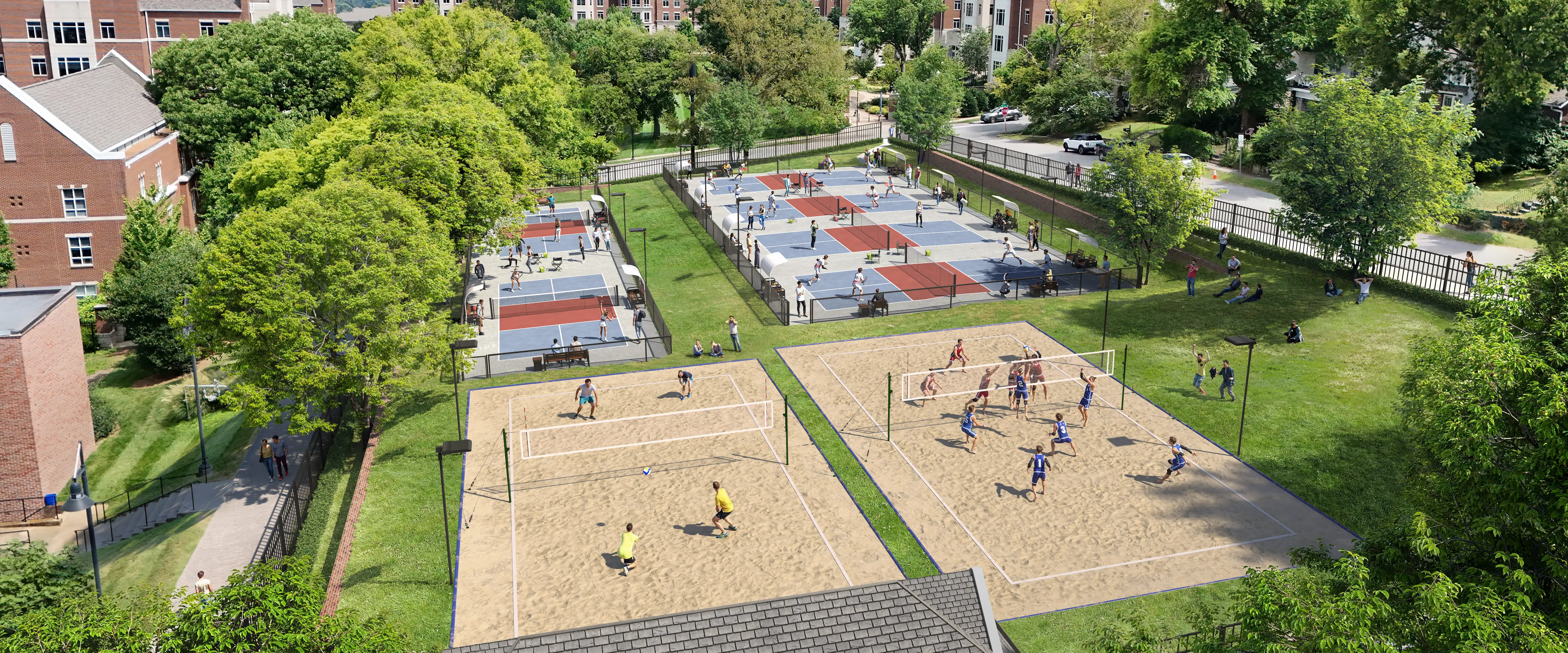 Artistic rendering of outdoor pickleball and beach volleyball courts with students playing and relaxing nearby.