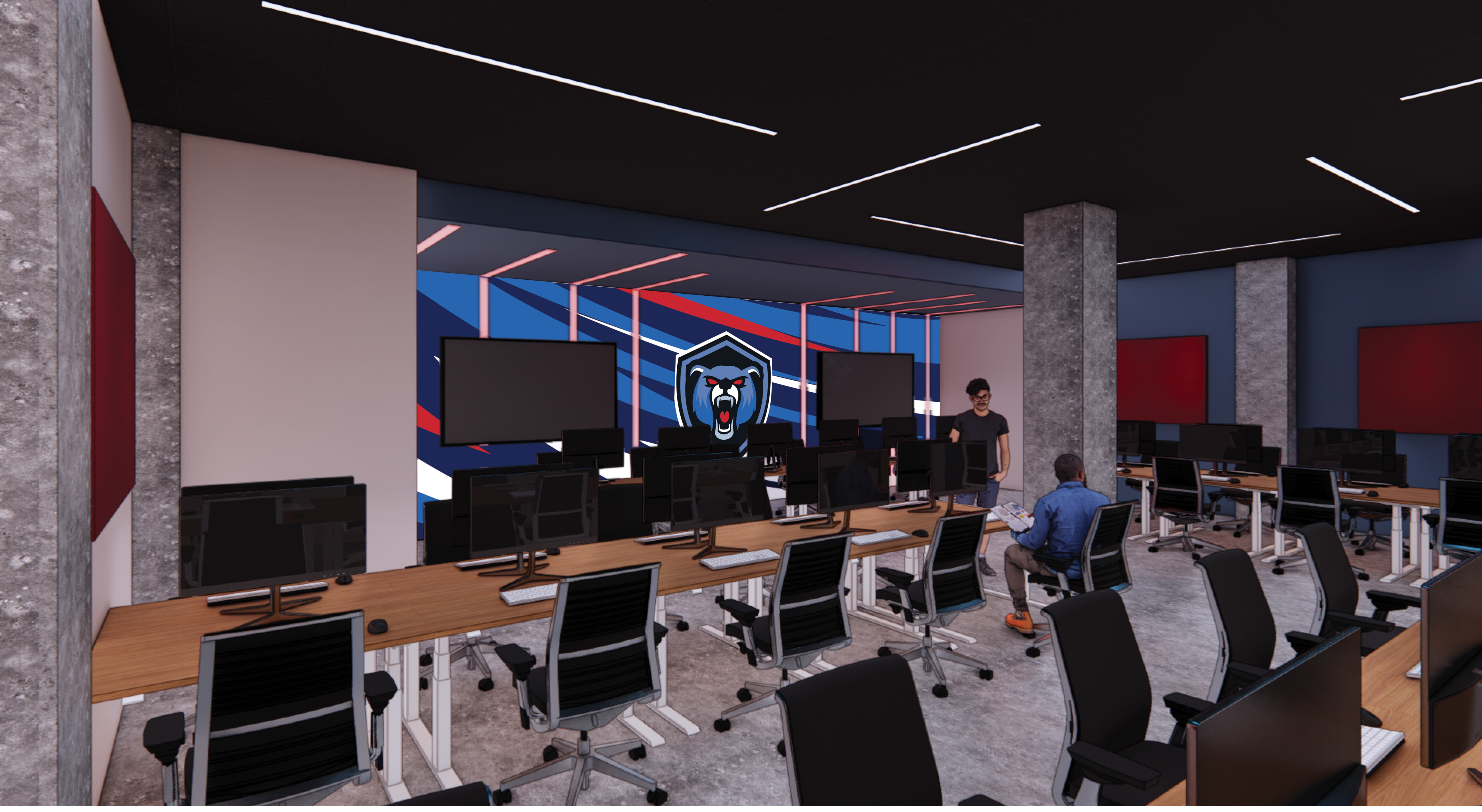 Rendering of a gaming area with multiple computer stations, people seated and interacting, and a logo on the wall.