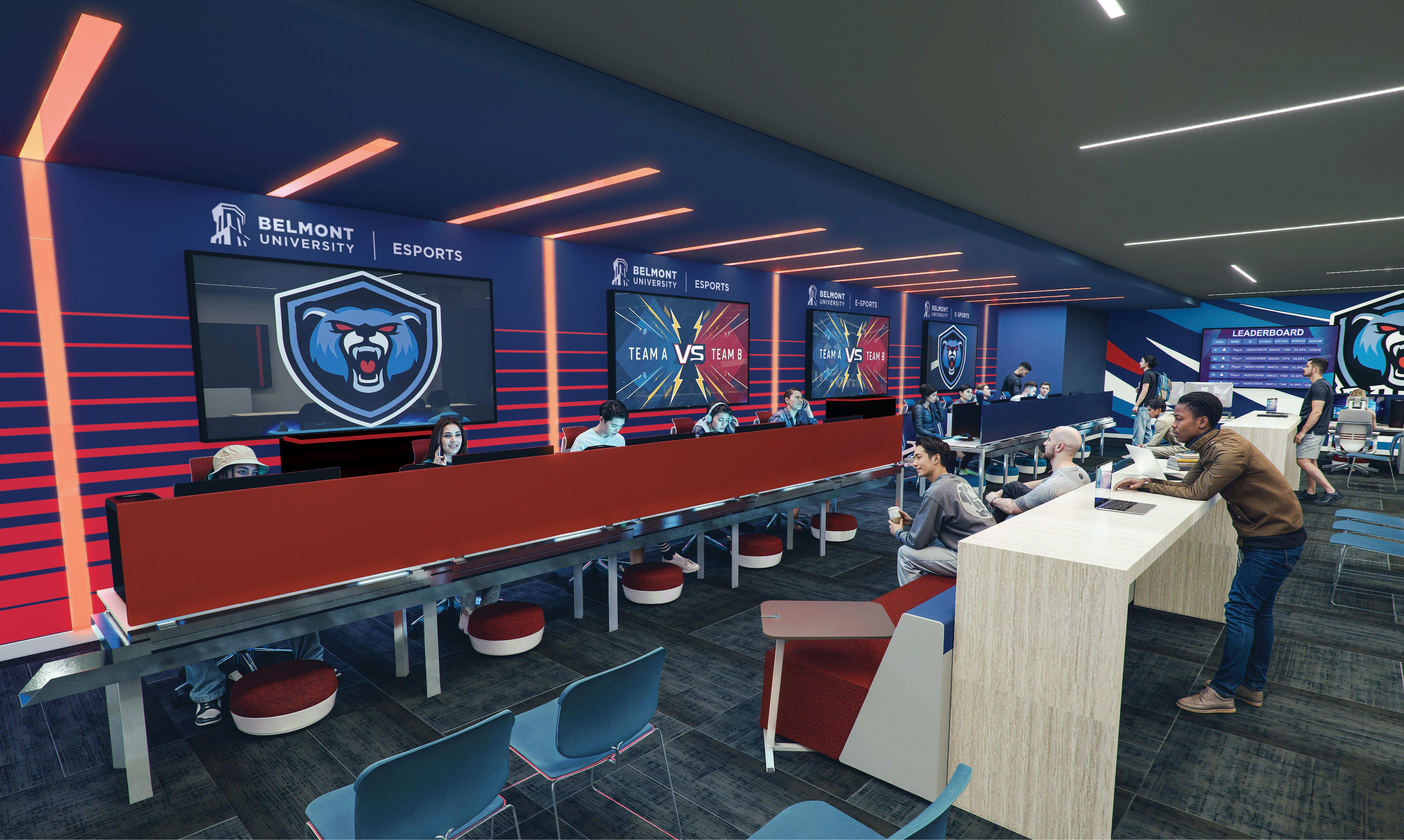 Rendering of an esports space with teams seated at computers, a leaderboard on the wall, and screens displaying match graphics.