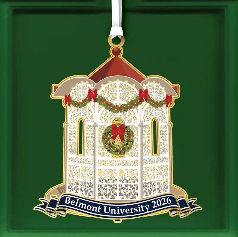 2026 Belmont University ornament featuring the historic white gazebo decorated with Christmas garlands, red bows and a wreath.