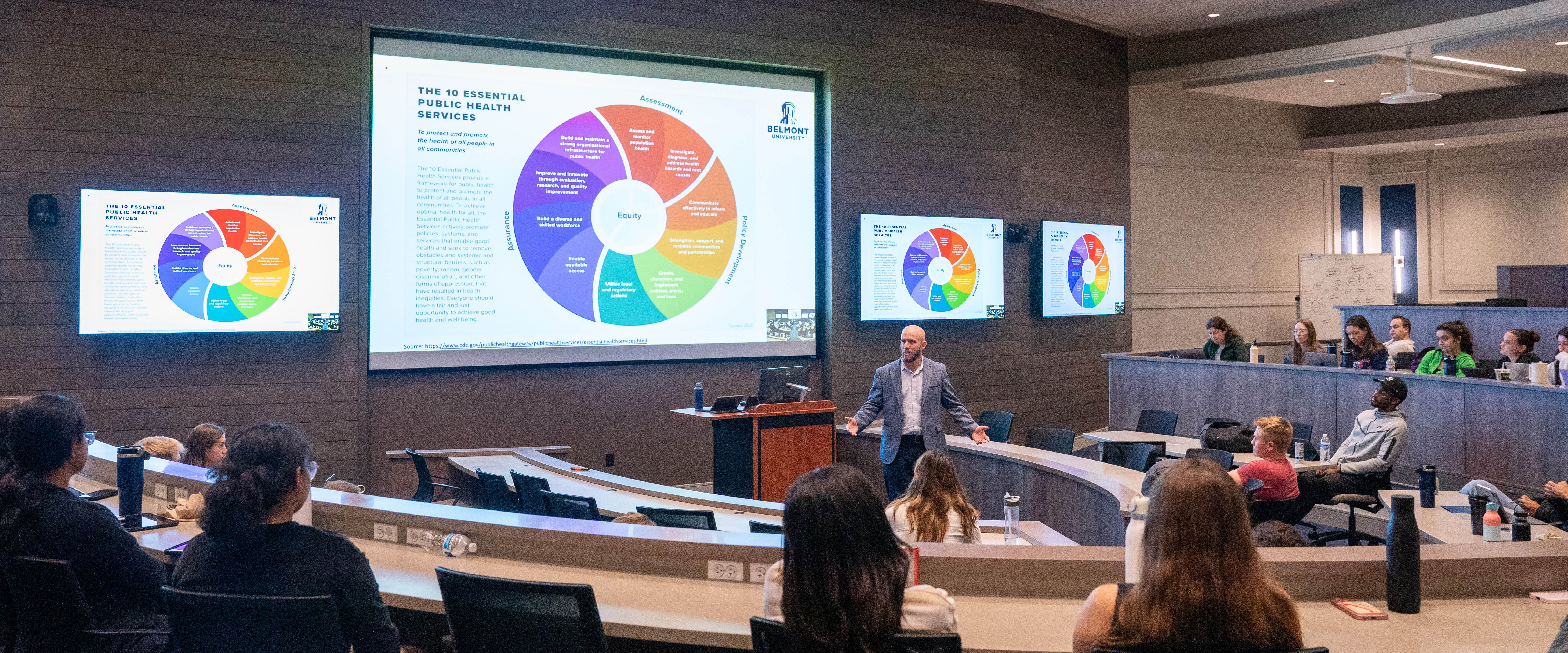 Class of college of medicine students sitting in a auditorium type classroom learning about public health