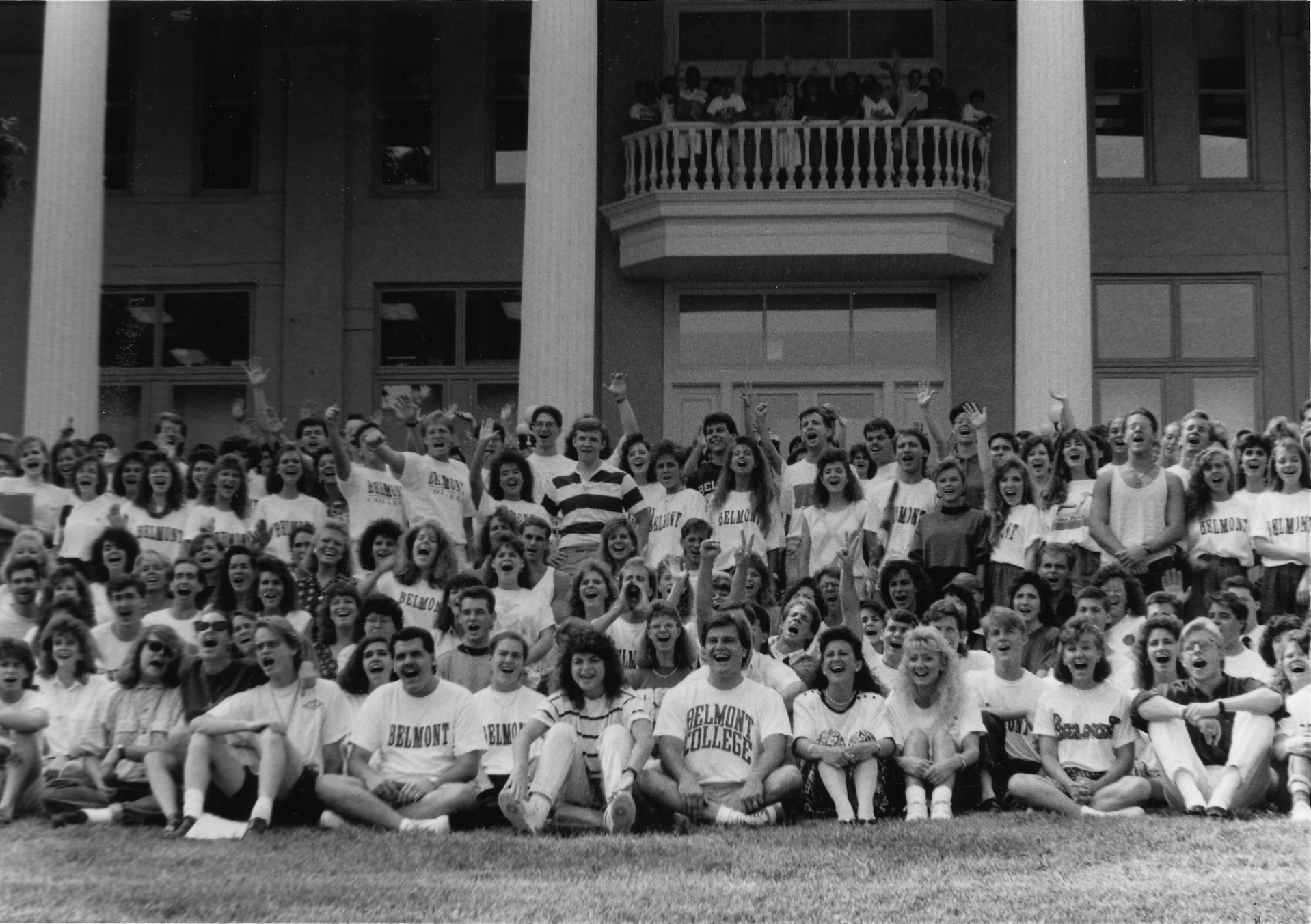 A black and white photo of Belmont College students