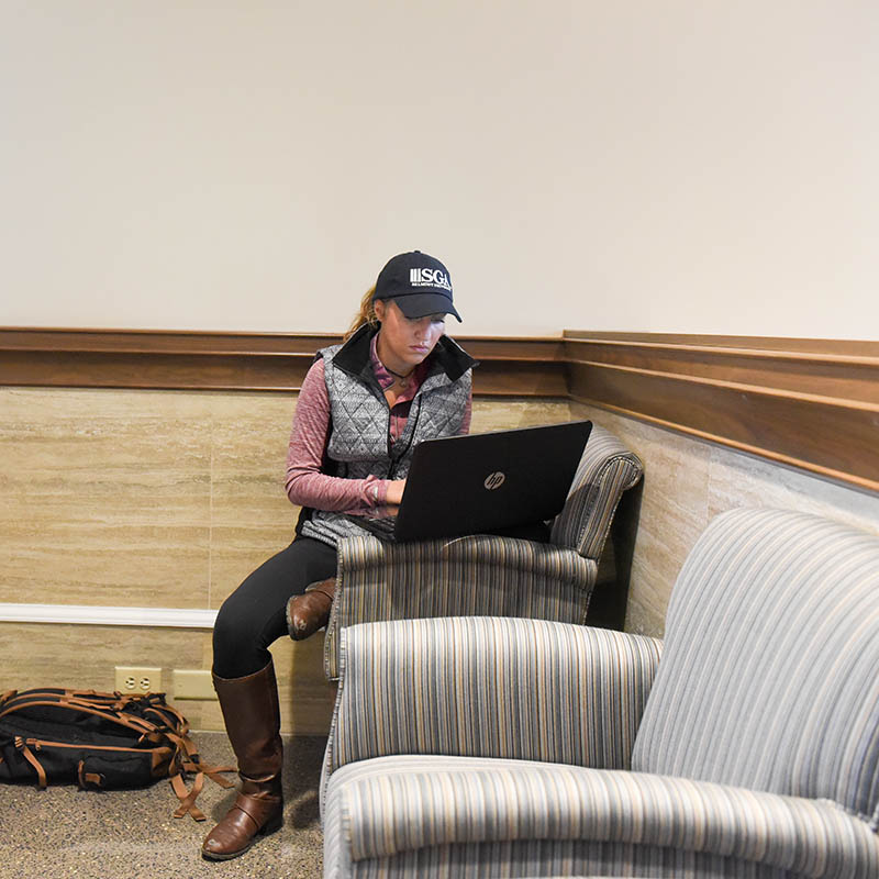 A student sitting on a chair using a computer for studying