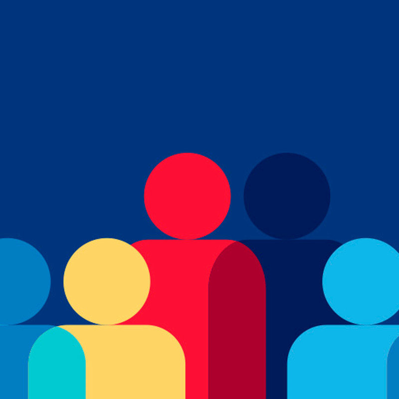 multiple illustrated overlapping multicolored people forms on a blue background