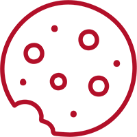A red line drawing of a chocolate chip cookie with a bite taken out