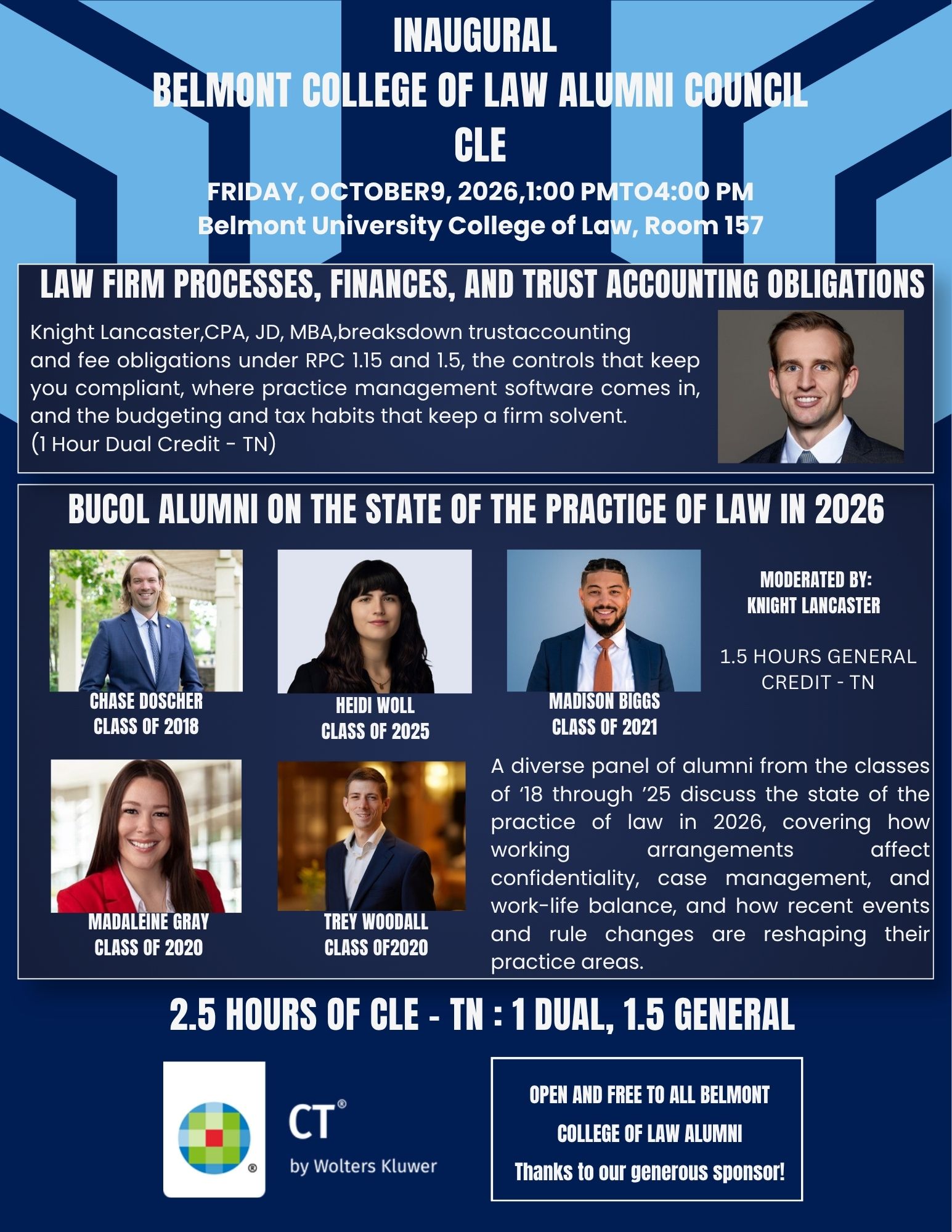 October 9th Alumni CLE from 1:00 PM to 4:00 PM. Topic: Law Firm Processes, Finances and Trust Accounting Obligations. 2.5 Hours of CLE in TN: 1 Dual, 1 General. Open and Free to all Belmont College of Law Alumni.