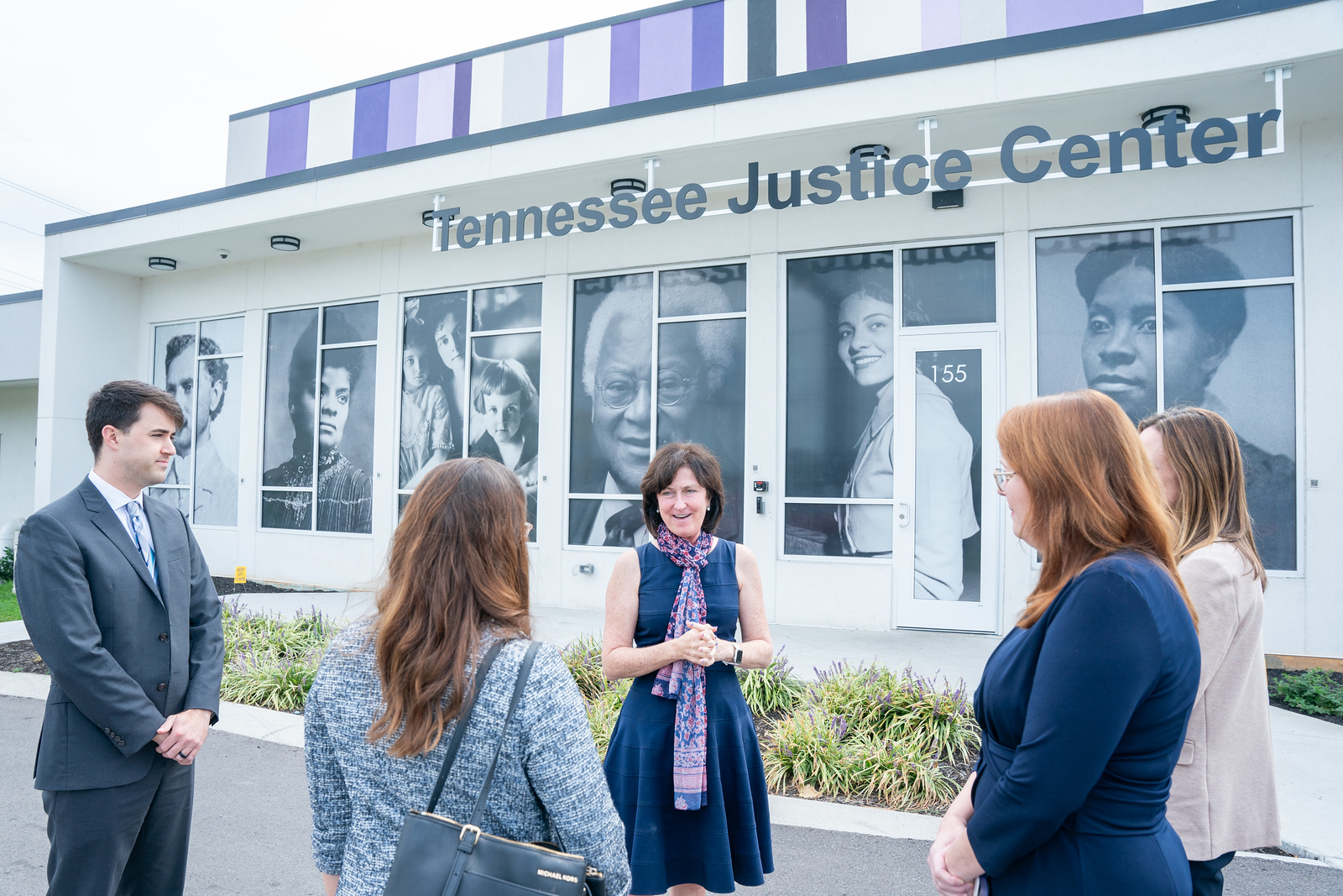 Belmont Law Members Kristi Arth and Deborah Farringer meet with Michele Johnson is the co-founder and executive director of the Tennessee Justice Center (TJC), Josiah Mezera, and Emily Jenkins at the Tennessee Justice Clinic TJC near Belmont University in Nashville, Tennessee, September 25, 2024. Photo by Sam Simpkins