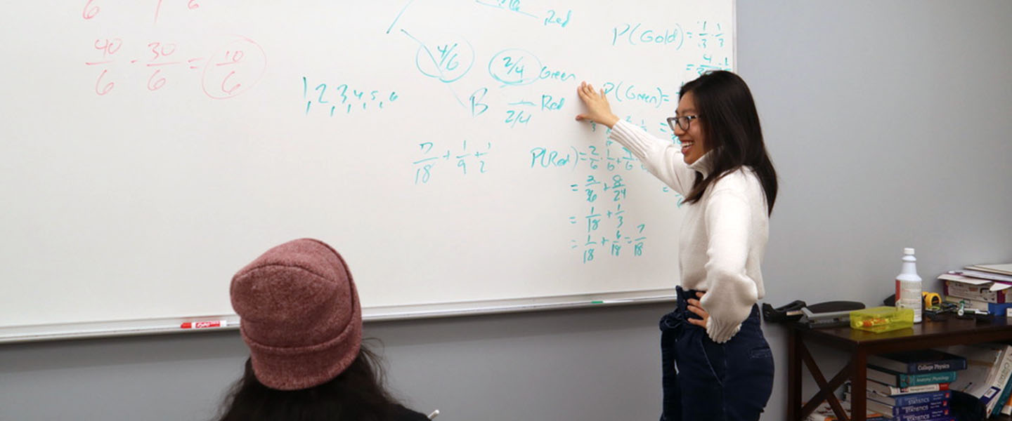 A tutor helping a student with equations on a white board