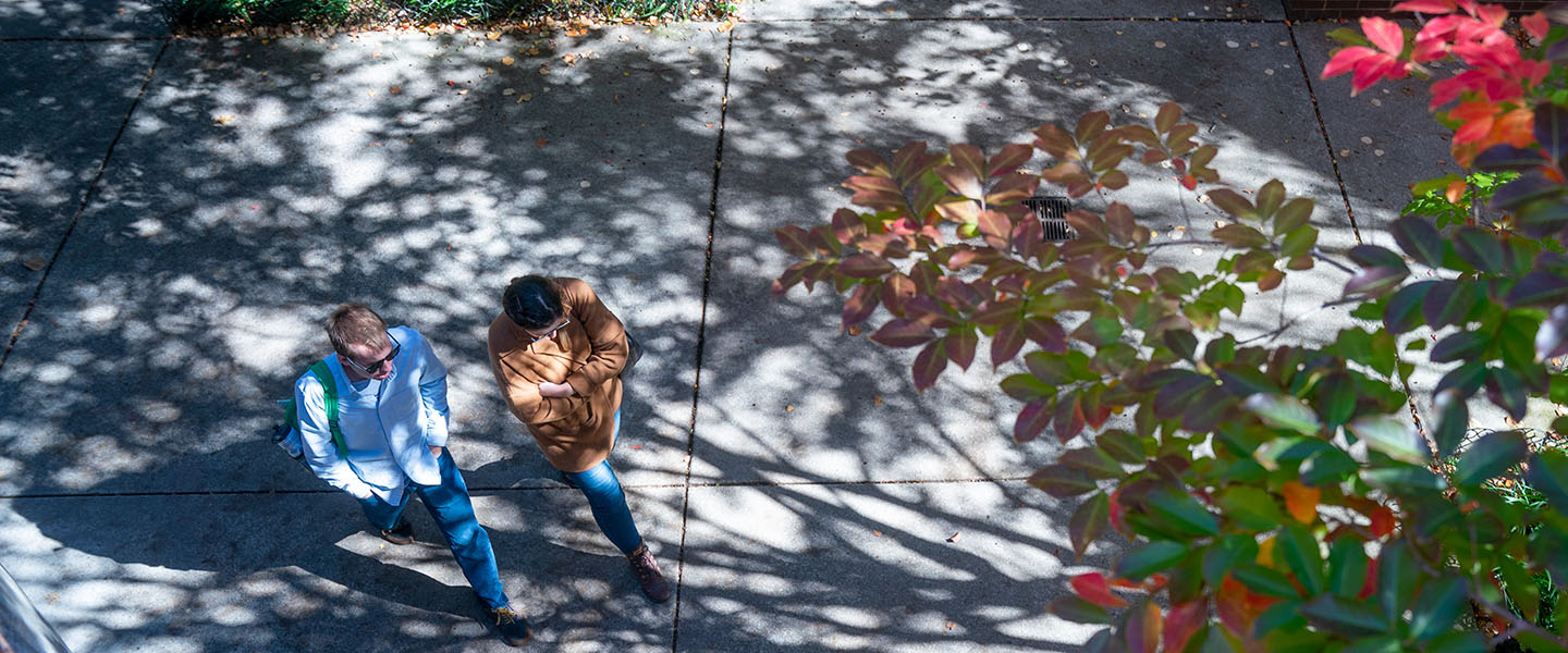 An overhead view of two students walking down a sidewalk in the fall
