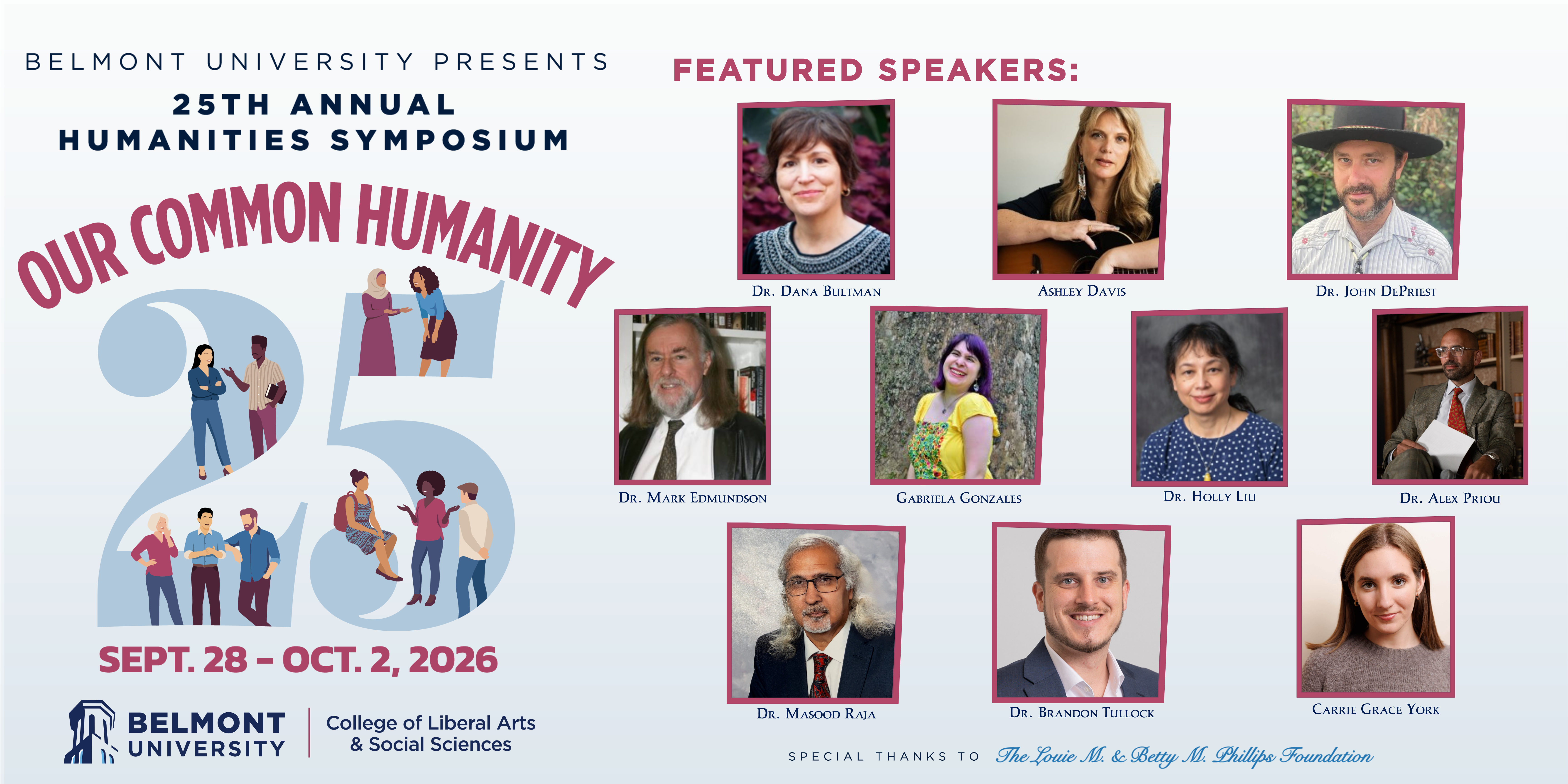 Poster for Belmont University’s 25th Annual Humanities Symposium, “Our Common Humanity,” Sept. 28–Oct. 2, 2026, with illustrated figures forming “25” and headshots of featured speakers.
