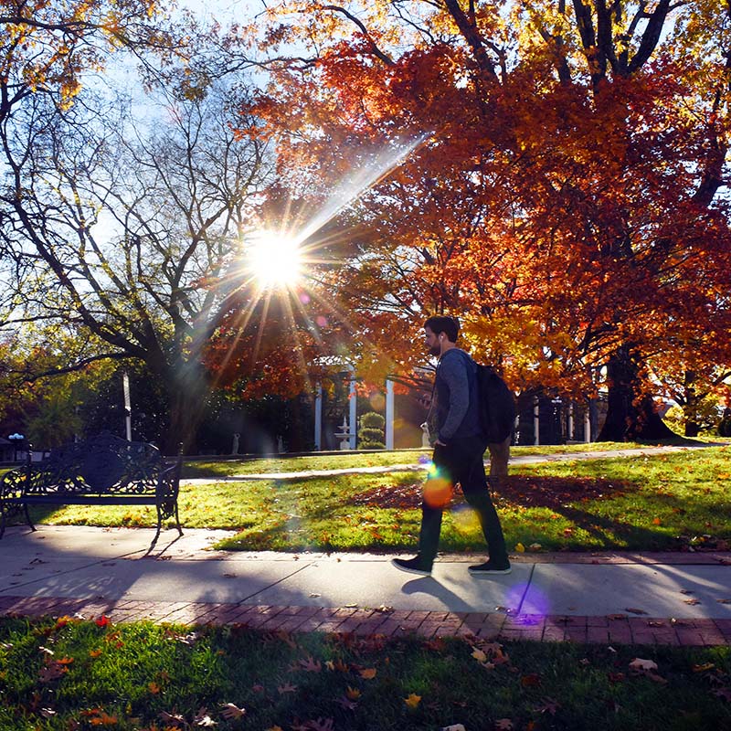 Student walking to class with the fall colored trees around him