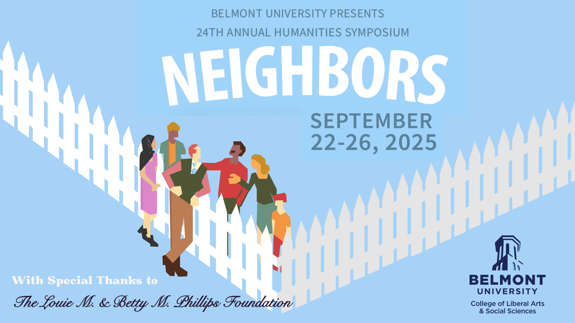 Poster with several people chatting with each other across a fence, with the title "Neighbors" above them