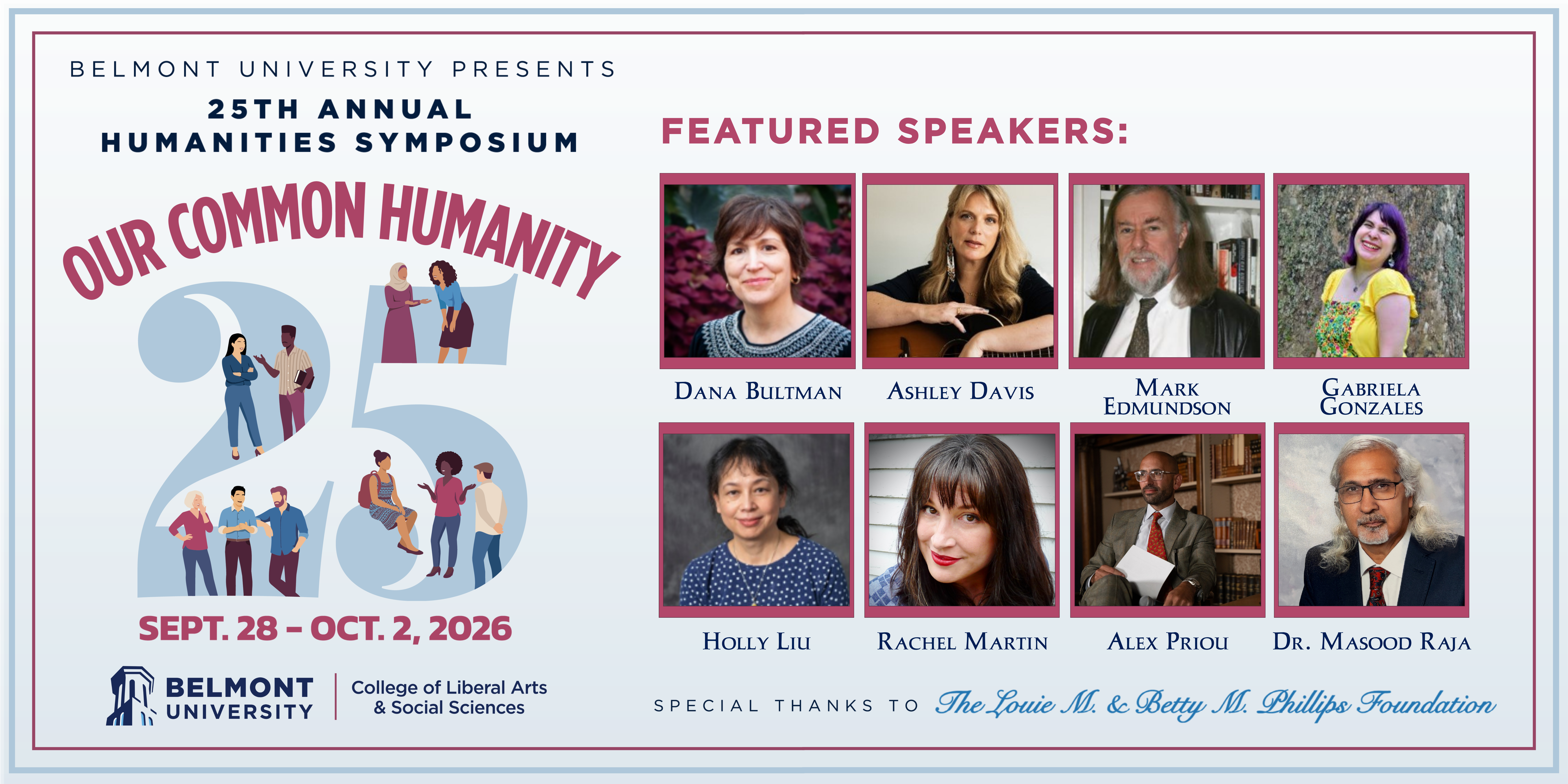 Poster for Belmont University’s 25th Annual Humanities Symposium, “Our Common Humanity,” dated Sept. 28–Oct. 2, 2026, featuring illustrated “25” figures and headshots of featured speakers Dana Bultman