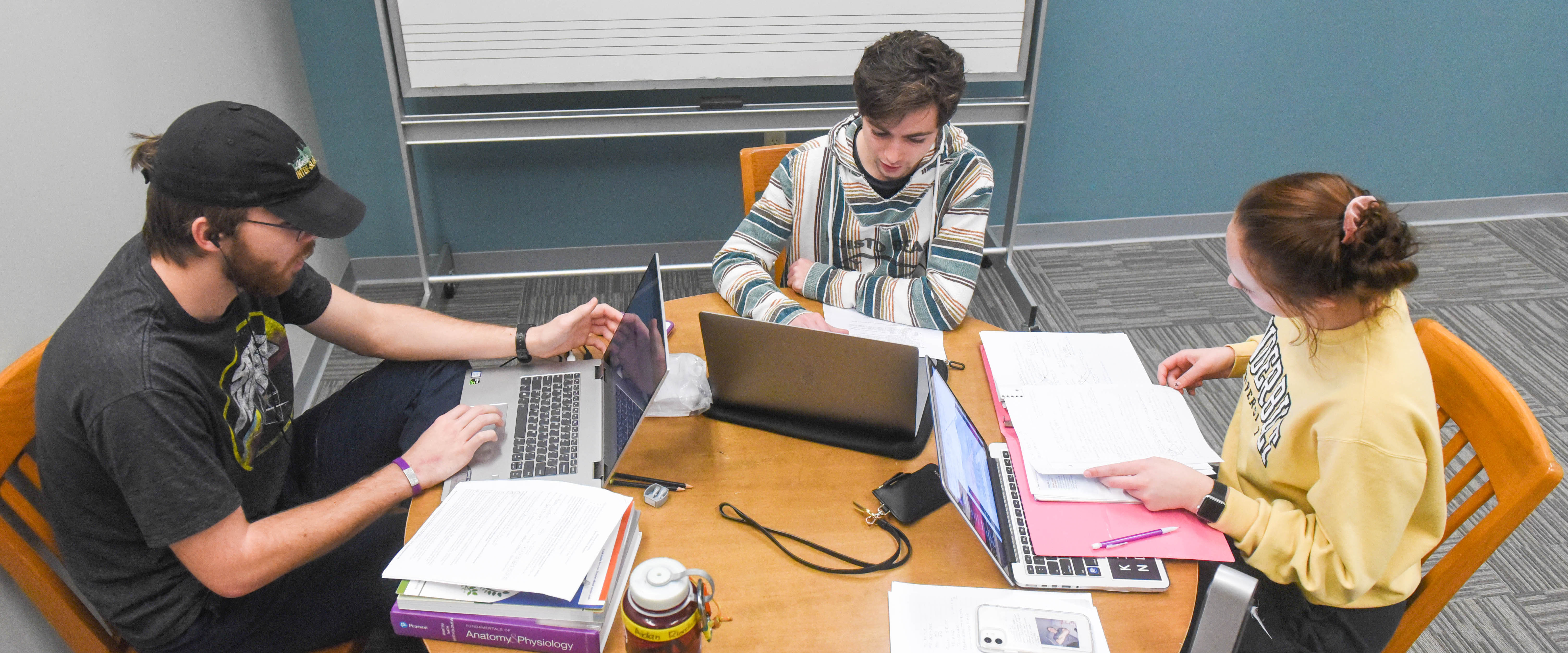 students using library resources to collaborate on a project