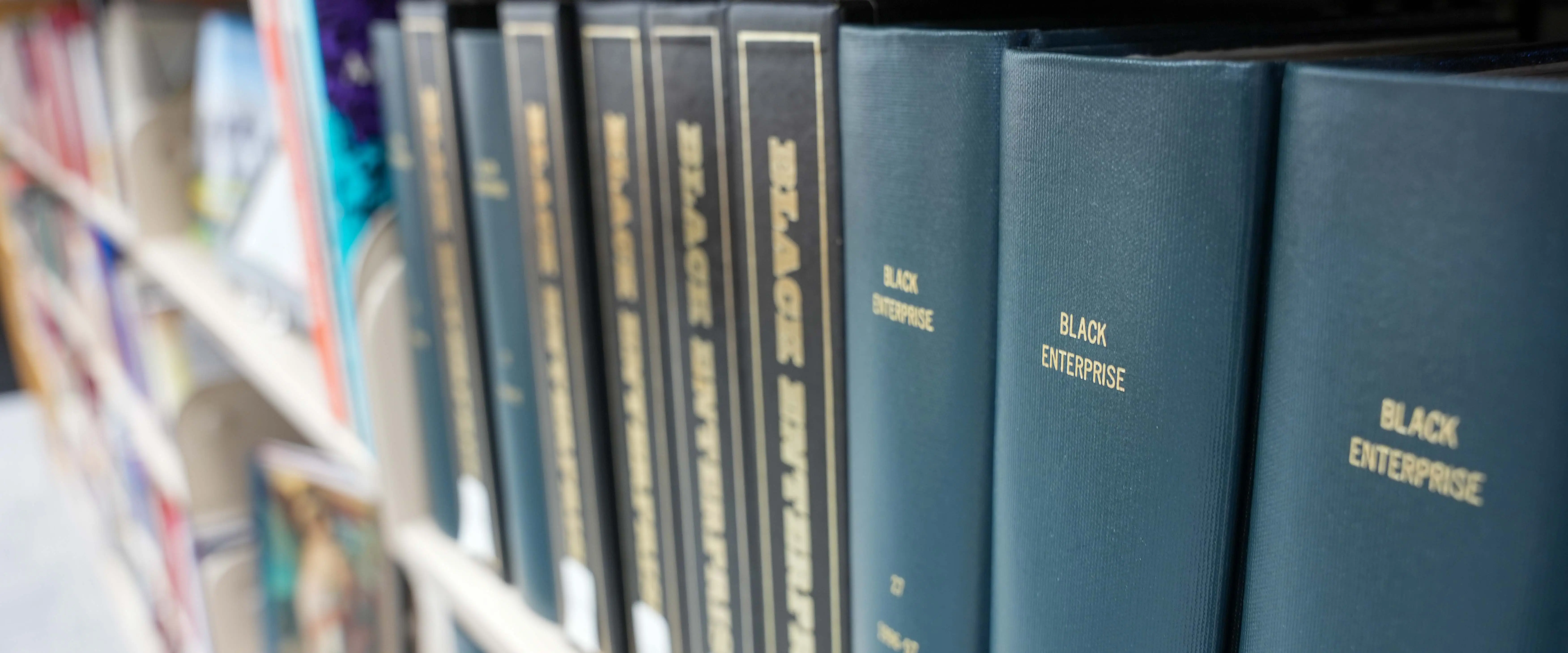 Close up of Special collection books on a shelf in the library