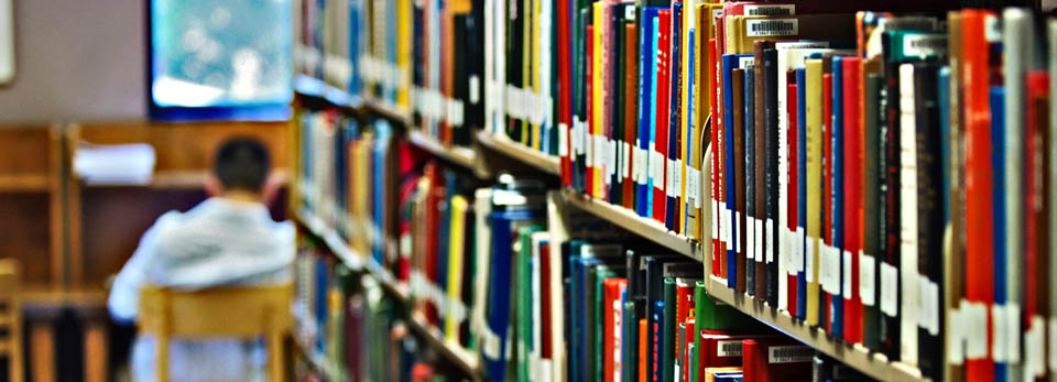 Books on a book shelf with students studying in the background out of focus